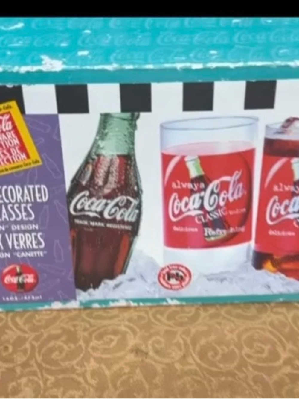 1997 Vintage Coca Cola Glasses Set with Red Logo and Green Bottle Artwork